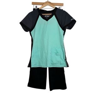 XS Grey’s Anatomy Teal Grey Scrub Top XSP Purple Label YOGA Scrub Bottoms Black